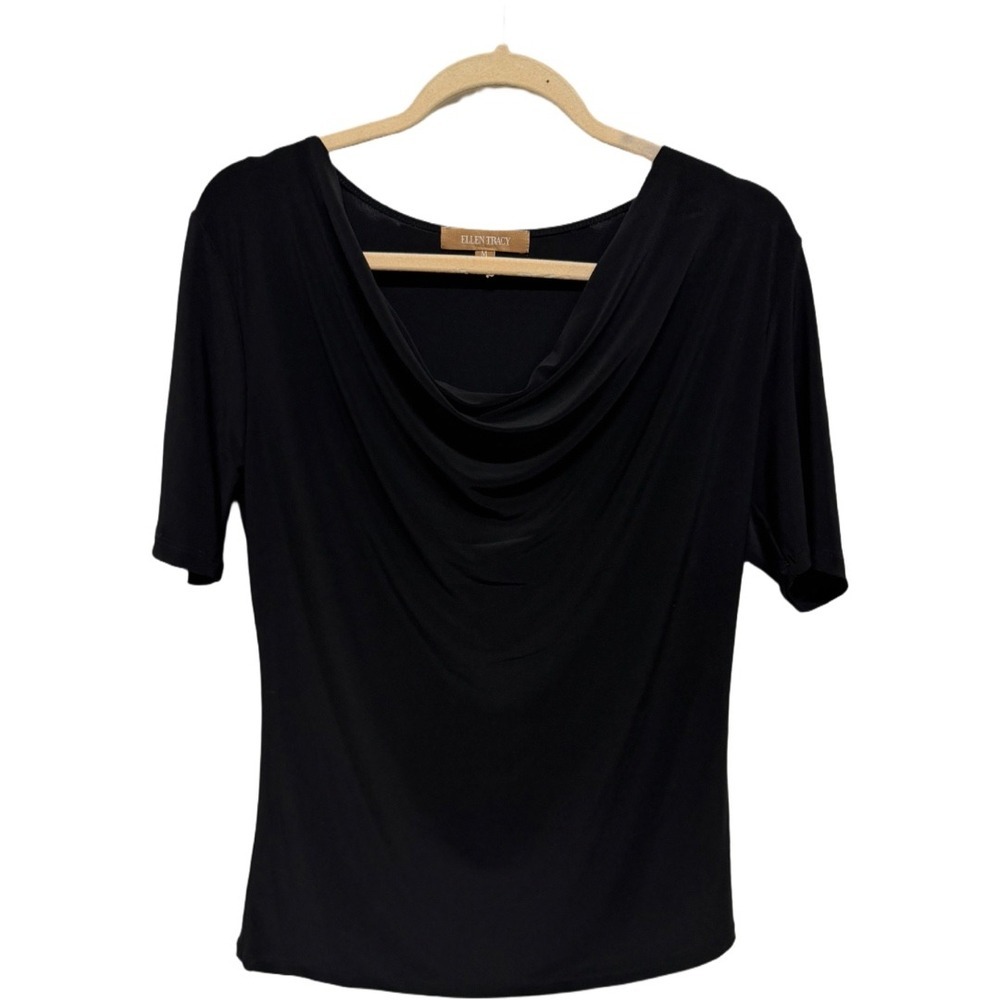 Ellen Tracy Black Short Sleeve Boat Neck Blouse Size Medium Dressy Formal